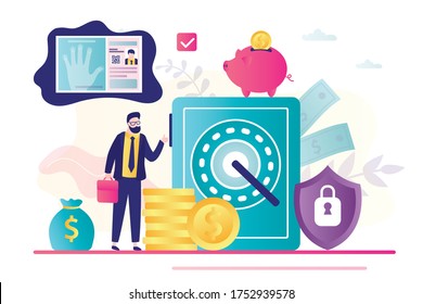 Reliable protection of finances and deposits. Fingerprint identification. Steel safe and businessman with money. Strongbox, piggy bank and security shield.Happy male investor. Flat vector illustration