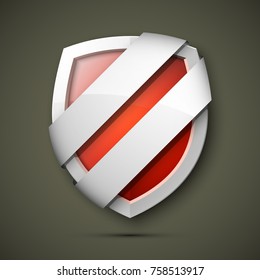 Reliable protection guard shield two strips. Safety badge, protection icon. Privacy colorful banner shield. Security label. Defense tag. Presentation sticker shield. Defense safeguard two strips sign