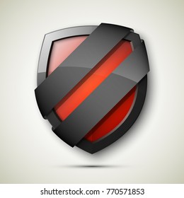 Reliable protection guard shield two strips. Safety badge, protection icon. Privacy colorful banner shield. Security label. Defense tag. Presentation sticker shield. Defense safeguard two strips sign