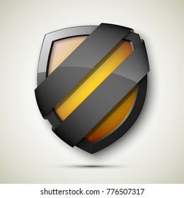 Reliable protection guard shield two strips. Safety badge, protection icon. Privacy colorful banner shield. Security label. Defense tag. Presentation sticker shield. Defense safeguard two strips sign