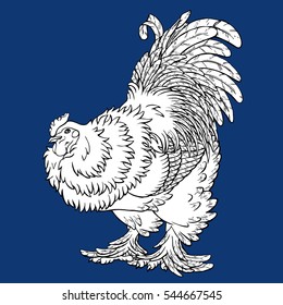 Reliable rooster coloring on blue background. Decorative chicken monochrome. Coloring page book. A symbol of the Chinese new year 2017 according to east calendar.