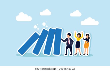 Reliable and skillful leadership protects, solves problems, and ensures trust and responsibility with support, concept of reliable businessman leader protect domino from collapse on colleagues.