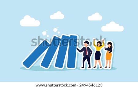 Reliable and skillful leadership protects, solves problems, and ensures trust and responsibility with support, concept of reliable businessman leader protect domino from collapse on colleagues.