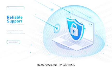 Reliable support white poster. Laptop with blue shield. Antivirus for hackers attack prevention. Security and safety of personal data. Landing webpage design. Neon isometric vector illustration