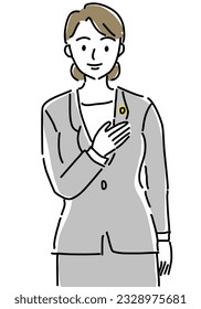 reliable woman lawyer put hand on her chest hand drawing illustration, vector