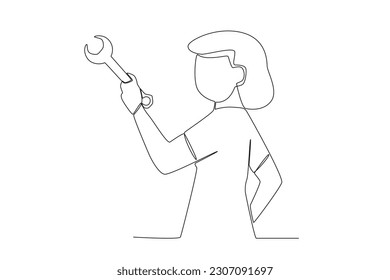 A reliable woman uses a wrench. World youth skill day one-line drawing