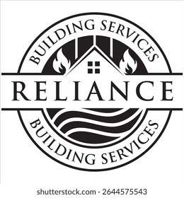 Das Reliance Building Services-Logo zeichnet sich durch eine fette, klassische Serifenschrift aus, die im Halbkreis angeordnet ist und Vertrauen, Professionalität und Stärke betont - perfekt für eine zuverlässige Konstruktion oder Service-Bar