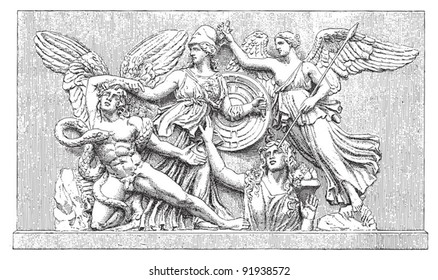 Relief altar Athene - greek sculpture / vintage illustration from Meyers Konversations-Lexikon 1897