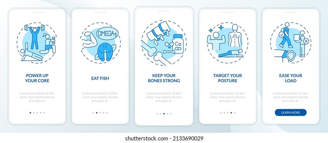 Relief from arthritis pain advices blue onboarding mobile app screen. Walkthrough 5 steps graphic instructions pages with linear concepts. UI, UX, GUI template. Myriad Pro-Bold, Regular fonts used