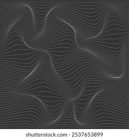 Relevo fundo preto e branco com ilusão óptica de distorção. Textura de padrão abstrato ondulado. Um ziguezague fino na linha. Design gráfico vetorial.