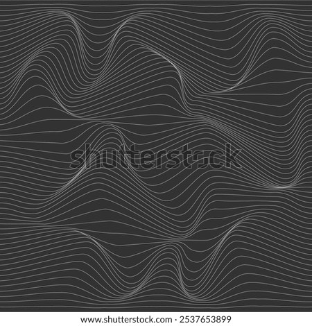 Relief black and white background with optical illusion of distortion. Wavy abstract pattern texture. Thin zigzag of the line. Vector graphic design.