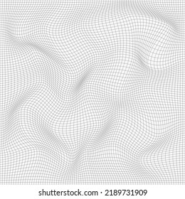 Relief black and white cage background with optical illusion of distortion. Wavy linear abstract texture. Vector graphic design.