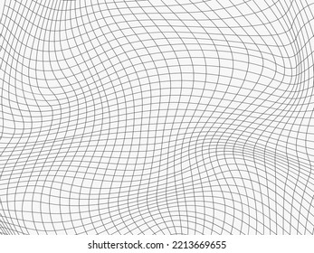 Relief black and white cage background with optical illusion of distortion. Wavy linear abstract texture. Vector graphic design.