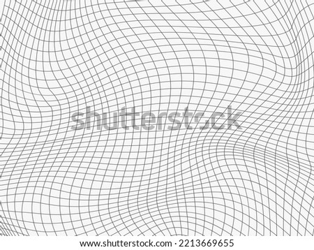 Relief black and white cage background with optical illusion of distortion. Wavy linear abstract texture. Vector graphic design.