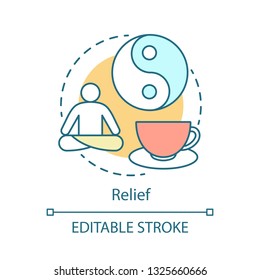 Relief concept icon. Facilitation idea thin line illustration. Yin Yang, yoga relax meditation. Quiet emotion mood. Keep calmness. Composure attitude. Vector isolated outline drawing. Editable stroke