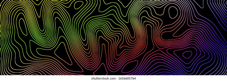 Relief contour lines, geographical map, colored curved lines on black background, vector design