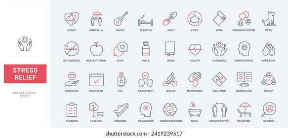 Relief and help with stress, care for mind and body line icons set. Practice yoga exercises and hobby, chat with friends, meditation and running thin black and red outline symbols, vector illustration