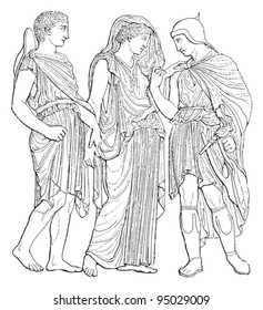 Relief Hermes, Orpheus, and Eurydice / vintage illustration from Meyers Konversations-Lexikon 1897