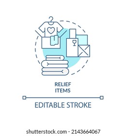 Icono de concepto de artículos de socorro turquesa. Proporcionar los bienes necesarios. Una forma de ayudar a los refugiados a abstraer una idea ilustrativa en línea delgada. Dibujo de contorno aislado. Trazo editable. Fuentes Arial, Myriad Pro-Bold utilizadas