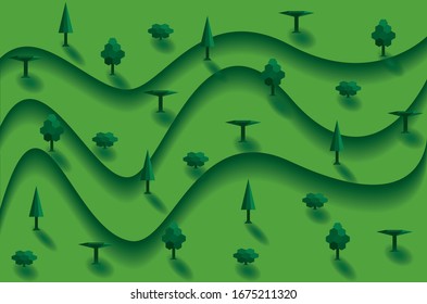 Paisaje tranquilo con terrazas y árboles. Fondo verde abstracto con capas. Ilustración del vector