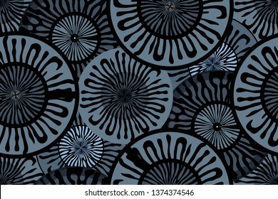 Relief mackerel scale. Vector seamless animal pattern. Black stripes skin of mackerel on dark blue and grey background. Fish print of circles and stripes. For fabric, surface design, fish canned food.