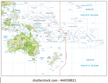 Relief Map of Oceania isolated on white. Names, town marks and national borders are in separate layers.