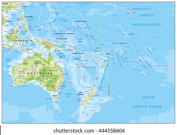 Relief Map of Oceania. Names, town marks and national borders are in separate layers.