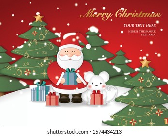 Relief paper art of Santa Claus and cute mouse holding present gifts with Christmas tree background. Merry Christmas and happy new year vector clip illustration.