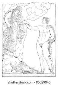 Relief of Perseus and Andromeda (queen of men) / vintage illustration from Meyers Konversations-Lexikon 1897