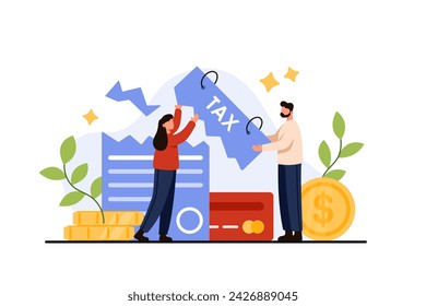 Relief and simplification of taxation. Tiny people cut bill document to reduce cost and expense of budget, control tax or payment deduction, profit company strategy cartoon vector illustration