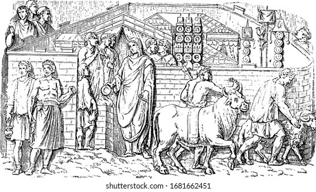 Relief of Trajan Column was originally surmounted by a colossal statue of Trajan, vintage line drawing or engraving illustration.