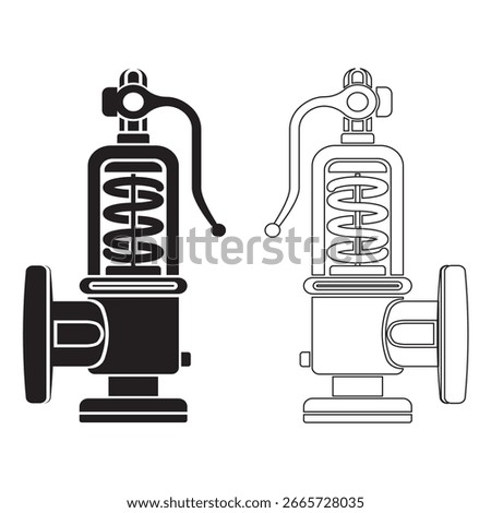 Relief valve vector icon in solid and outline styles, ideal for plumbing, engineering, industrial, pressure safety, mechanical, and infrastructure system design applications.