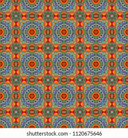 Relief waves of ornamental mosaic tile patterns in yellow, green and blue colors. Vector illustration. Ornate seamless texture background. Different mosaic textures.