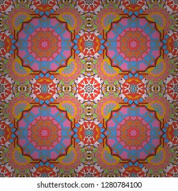Relief waves of ornamental mosaic tile patterns in orange, blue and pink colors. Vector illustration. Ornate seamless texture background. Different mosaic textures.