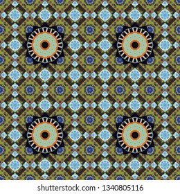 Relief waves of ornamental mosaic tile patterns in green, blue and gray colors. Different mosaic textures. Vector illustration. Ornate seamless texture background.