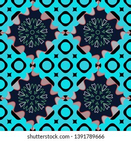 Relief waves of ornamental mosaic tile patterns in blue, black and pink colors. Different mosaic textures. Ornate seamless texture background. Vector illustration.
