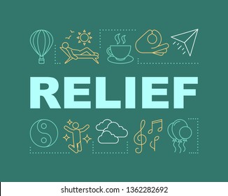 Relief word concepts banner. Rest, relax. Friendly communication. Presentation, website. Isolated lettering typography idea with linear icons. Hobby, listening to music. Vector outline illustration