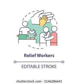 Relief Workers Concept Icon. Government Assistance Type Abstract Idea Thin Line Illustration. Disaster Relief Employees. Isolated Outline Drawing. Editable Stroke. Arial, Myriad Pro-Bold Fonts Used