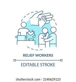 Relief Workers Turquoise Concept Icon. Government Assistance Type Abstract Idea Thin Line Illustration. Disaster Relief. Isolated Outline Drawing. Editable Stroke. Arial, Myriad Pro-Bold Fonts Used