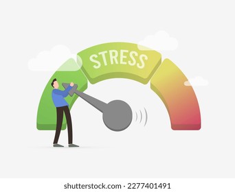 Relieve stress, boost mental health by problem-solving. Man pulling arrow on scale symbolizes weight of burdens. Solve problems, stress levels, reduce frustration. Mental health awareness illustration