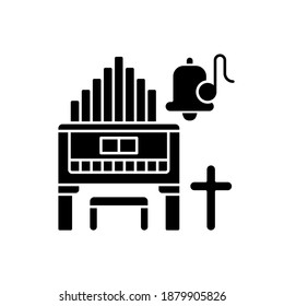 Religeous Musik schwarz Glyph Symbol. Riesige Organe. Klaviertypen. Glocke mit Liednote. Christliche Musik. Kreuzsymbol. Kultveranstaltungen. Silhouette-Symbol auf weißem Raum. Vektorgrafik einzeln