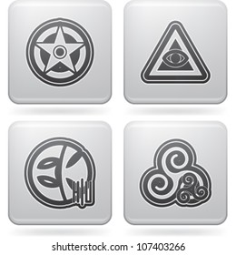 Religion is the adherence to codified beliefs and rituals, pictured here from left to right:  Wicca, Cao Dai, Eckankar, Celtic paganism.