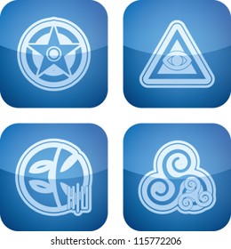 Religion is the adherence to codified beliefs and rituals, pictured here from left to right:  Wicca, Cao Dai, Eckankar, Celtic paganism.