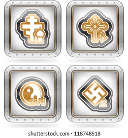Religion is the adherence to codified beliefs and rituals, pictured here from left to right:  Eastern Christianity, Scientology, Yin and Yang (Taoism), Jainism.