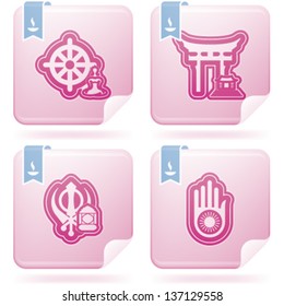 Religion is the adherence to codified beliefs and rituals, included icons from left to right, top to bottom: Buddhism, Shinto, Sikhism, Jainism.