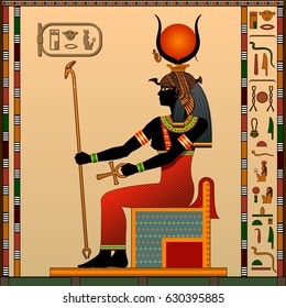 Religion of Ancient Egypt. Hathor is the goddess of love, heaven, beauty and art. Ancient Egyptian goddess Hathor in the guise of a woman on the throne. Vector illustration.
