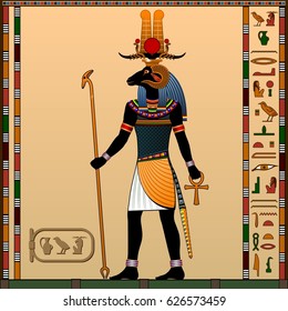 Religion of Ancient Egypt. Khnum is the God of creation, the god of water and the evening sun. Ancient Egyptian god Khnum in the guise of a man with a ram head. Vector illustration.
