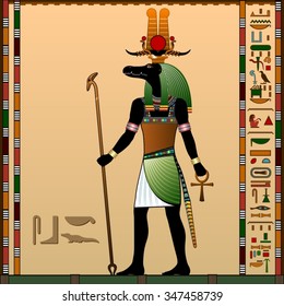 Religion of Ancient Egypt. Sebek - Ancient Egyptian god of water and the flood of the Nile River. God is with the head of a Nile crocodile. Vector illustration.
