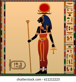 Religion of Ancient Egypt. Sekhmet - Goddess of the scorching sun, war and healing. Ancient Egyptian goddess with the head of a lioness. Vector illustration.
