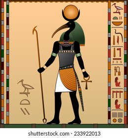 Religion of Ancient Egypt. Thoth - the ancient Egyptian god of wisdom and knowledge. God with the head of an ibis. Vector illustration. 